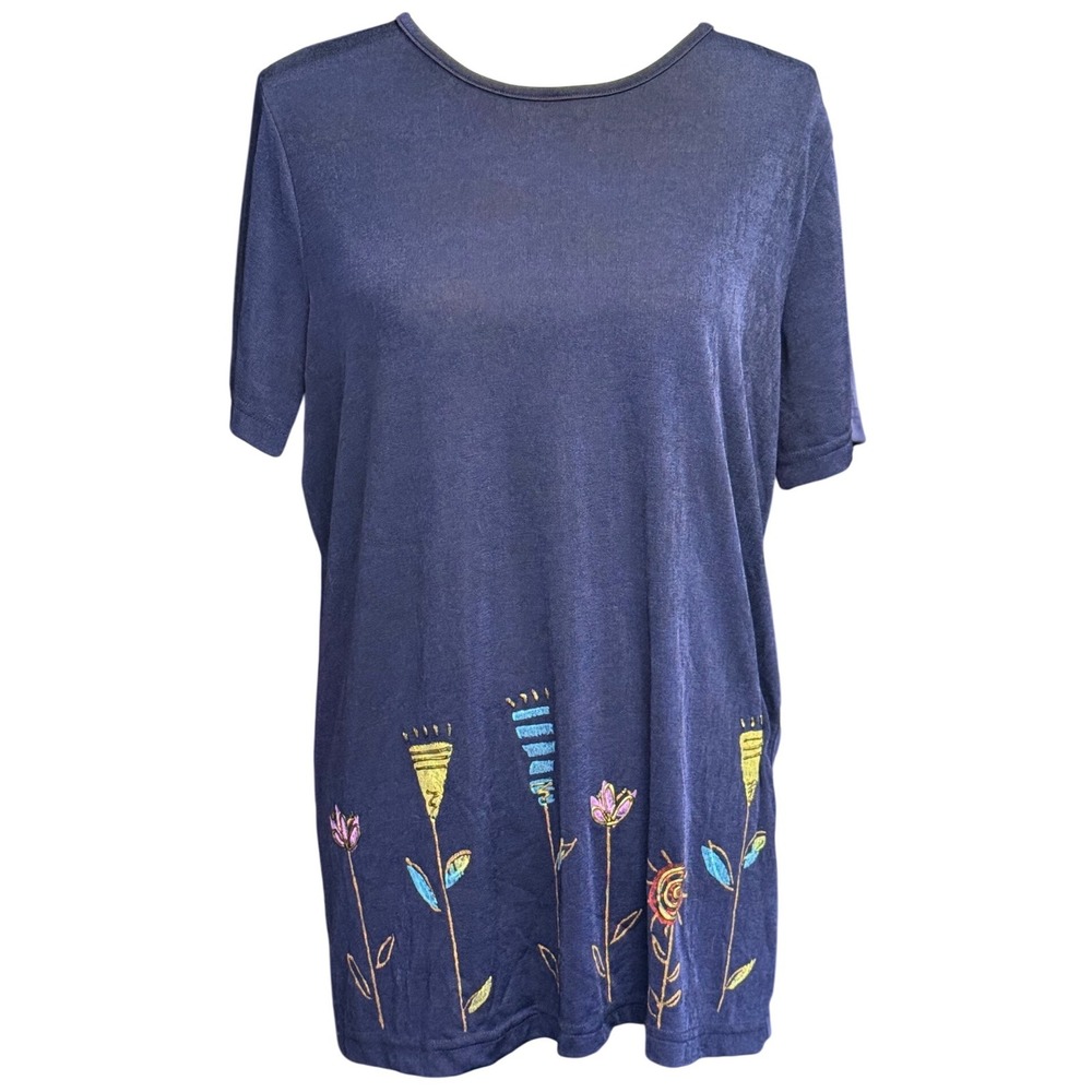 Coconut Bay Womens Medium Navy Embroidered Floral Hem‎ Top USA